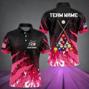 Custom Pink And Black Billiard Polo & Quarter Zip For Men, 3D Billiard Team Shirts Pool Jerseys TDM3225