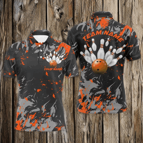 Black And Orange Camo Bowling Team Shirts Custom Men Polo Shirts Bowling League Shirts IPHW5361