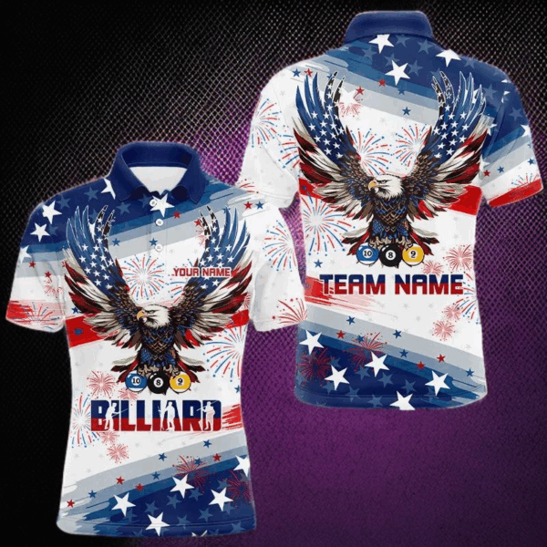 Personalized 8 Ball 9 Ball & 10 Ball American Flag Eagle Billiard Shirt, Pride Men Billiard Jerseys TDM3223