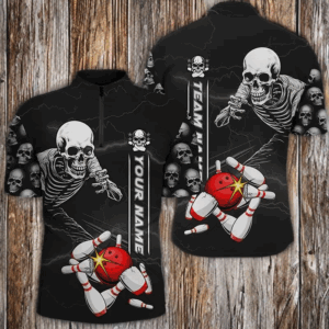 Custom Skull Bowling Quarter Zip Shirt Unisex Halloween Skeleton Team Bowling Shirt IPHW5304