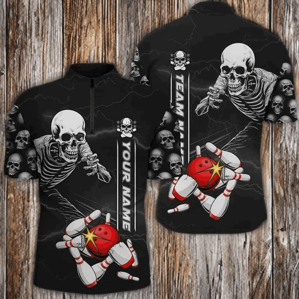 Custom Skull Bowling Quarter Zip Shirt Unisex Halloween Skeleton Team Bowling Shirt IPHW5304