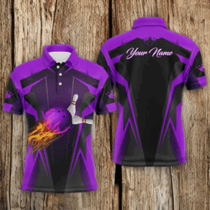 Personalized Mens polo Shirt Flame Bowling Ball Pins, bowling jerseys for bowlers | Purple NQS6440