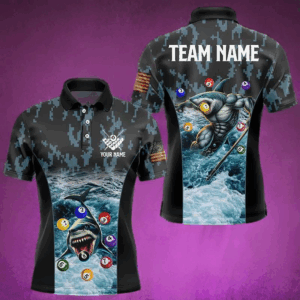 Blue Pool Ball Wave Ocean Custom Shark Billiard Polo & Quarter Zip For Men Billiard League Jerseys TDM3208