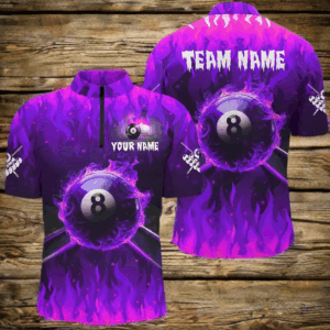 Personalized Purple 3D 8 Ball Pool & Fire Men Quarter-Zip Shirt Custom Billiard Apparel TDM1436
