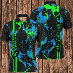 Black, Green And Blue Strike Bowling Polo Shirts, Custom Mens Bowling Team Shirts Bowling Jerseys IPHW5263