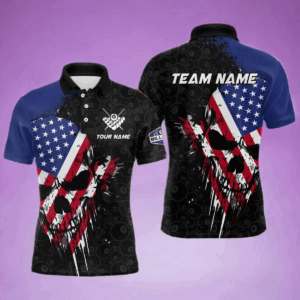 American Flag Grunge Skull 8 Ball Pattern Billiard Shirts For Men Custom Patriotic Billiard Jersey TDM3206