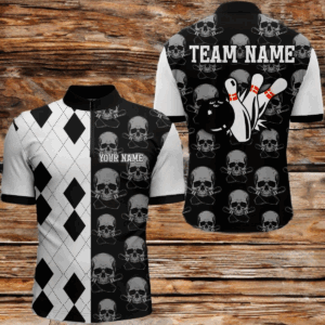 Skull Bowling Jersey Team League Custom Black Bowling Shirt Men Bowling Quarter-Zip Shirt BDT347