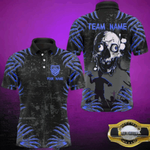 Funny Skull Claw Pattern Custom Men Billiard Shirts, Grunge Blue Black Cool Billiard Jerseys TDM3202