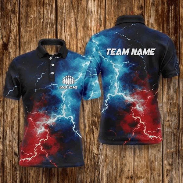 Red, White And Blue Thunder Lightning Bowling Polo Shirts For Men, Patriotic Bowling Team Jerseys IPHW5253