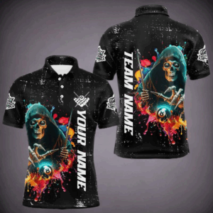 Billiard Death Skeleton Colorful Grunge Style Custom Men Billiard Shirts, Billiard Jersey | Black TDM3201