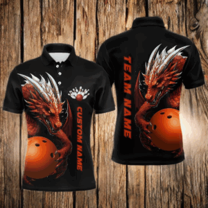 Custom Red Flame Bowling Team Polo Shirts, Dragon Bowling Shirts For Men, Bowling Ball Jerseys IPHW5233