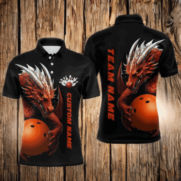 Custom Red Flame Bowling Team Polo Shirts, Dragon Bowling Shirts For Men, Bowling Ball Jerseys IPHW5233