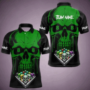 Personalized Green Skull Billiard Balls Funny Pool Shirts For Men Custom Unique Billiard Jerseys TDM3199