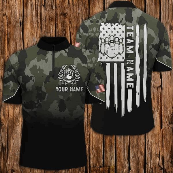 Black green camo Men's bowling Quarter Zip shirts Custom American flag patriotic bowling team jerseys NQS6263