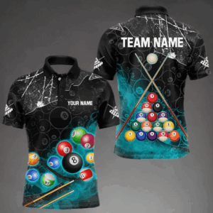 Personalized 8 Ball Pattern Smoke Men Billiard Shirts Custom Billiard Ball Pool Jerseys | Turquoise TDM3191