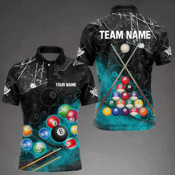 Personalized 8 Ball Pattern Smoke Men Billiard Shirts Custom Billiard Ball Pool Jerseys | Turquoise TDM3191