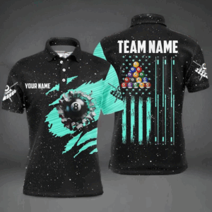 Customized Grunge American Flag 8 Ball Pool Men Billiard Polo Shirts, Pool Player Shirts |Turquoise TDM3172