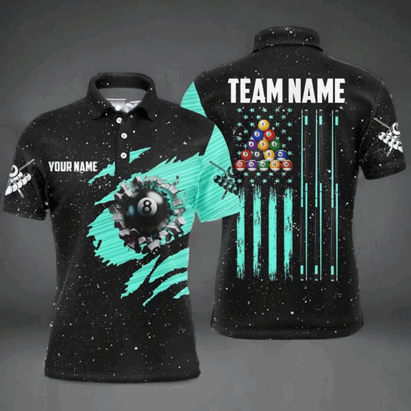 Customized Grunge American Flag 8 Ball Pool Men Billiard Polo Shirts, Pool Player Shirts |Turquoise TDM3172