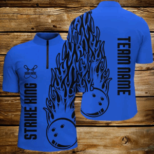 Bowling Shirts For Men Custom Team Name Strike King Flaming Team Bowling Shirts | Blue IPHW4974