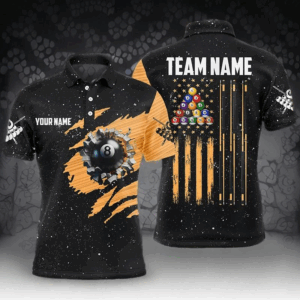 Customized Grunge American Flag 8 Ball Pool Men Billiard Polo Shirts, Pool Player Shirts |Orange TDM3171