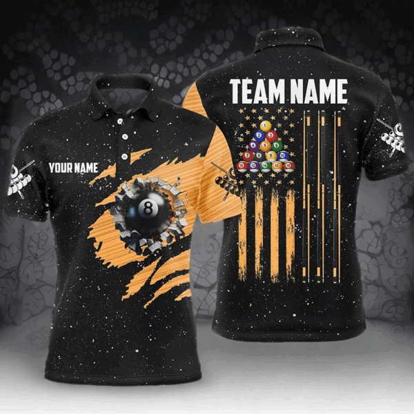 Customized Grunge American Flag 8 Ball Pool Men Billiard Polo Shirts, Pool Player Shirts |Orange TDM3171