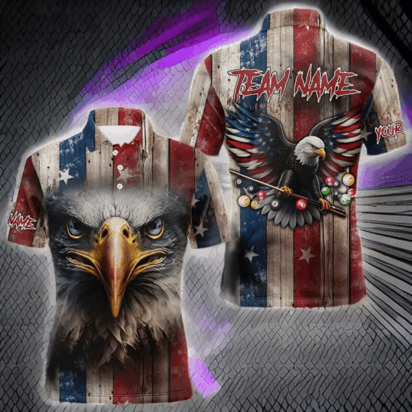 Patriotic Billiard Shirts For Men Custom Eagle American Flag Billiard Polo & Quarter Zip Jerseys TDM3167