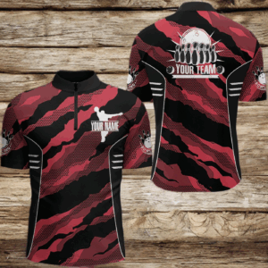 Red Camo Bowling Jersey For Men Custom Bowling Team Shirt Bowling Quarter-Zip Shirt BDT251