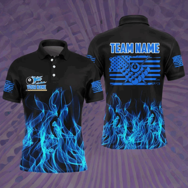 3D Blue Flaming American Flag Men Billiard Shirt Custom Patriotic Pool Player Shirt Billiard Jersey TDM3163