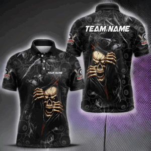 Personalized Skull 8 Ball Smoke Pattern Billiard Shirts For Men, 8 Ball Pool Black Billiard Jerseys TDM3157