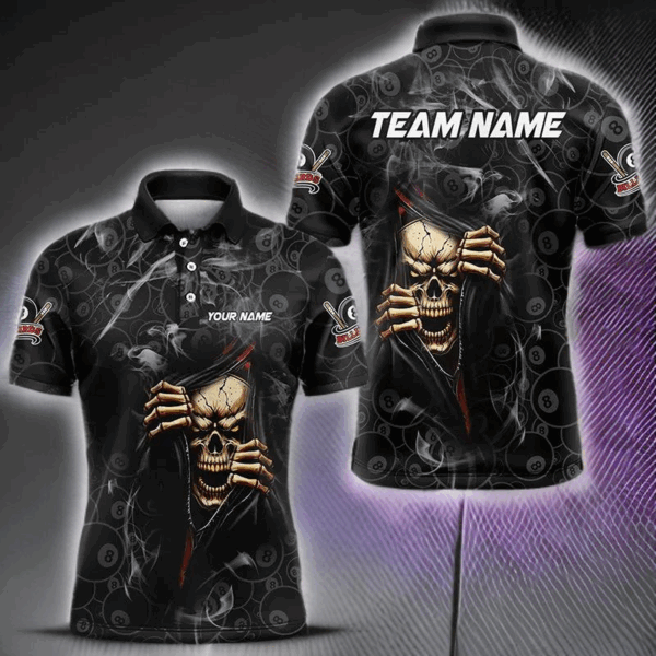 Personalized Skull 8 Ball Smoke Pattern Billiard Shirts For Men, 8 Ball Pool Black Billiard Jerseys TDM3157
