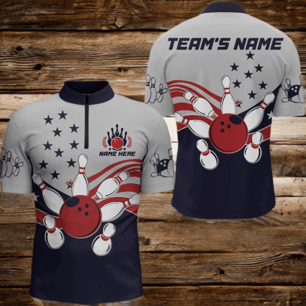 American Flag Bowling Quarter-Zip Shirt For Men Custom Bowling Team League Jersey BDT186