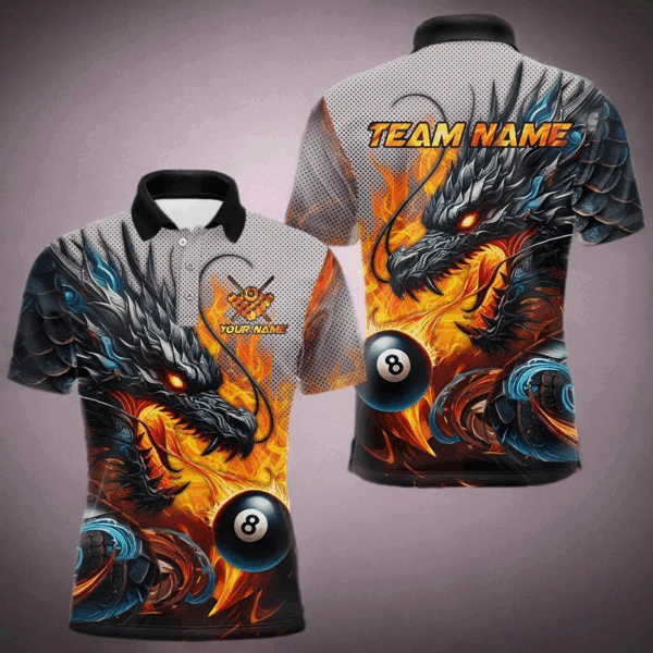 Personalized 8 Ball Pool Fire Flame Dragon Billiard Shirts For Men Team League Billiard Jerseys TDM3154