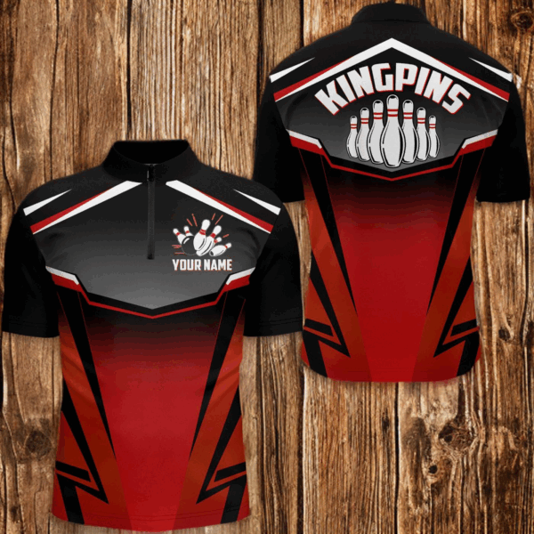 Custom Bowling Shirt for Men, Kingpins Red Quarter-Zip Bowling Shirt with Name, Men Bowlers Jersey NBZ180