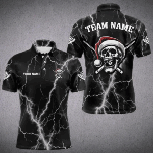 Personalized Santa Skull Thunder Lightning Billiard Shirts For Men Christmas Black Billiard Jersey TDM3147