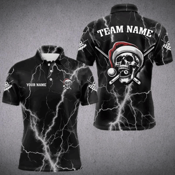 Personalized Santa Skull Thunder Lightning Billiard Shirts For Men Christmas Black Billiard Jersey TDM3147