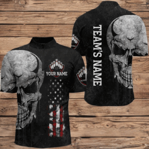 Men's Skull Bowling Shirt Quarter-Zip, Patriotic Custom Name Men Bowlers Jersey American Flag NBZ93