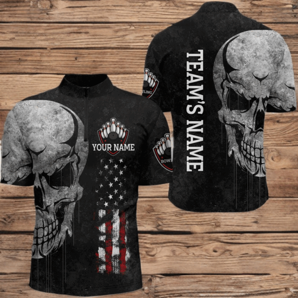 Men's Skull Bowling Shirt Quarter-Zip, Patriotic Custom Name Men Bowlers Jersey American Flag NBZ93