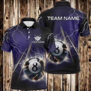 Personalized Thunder Lighting Purple 8 Ball Billiard 3D Polo Shirts For Men, Pool Balls Jerseys VHM1029