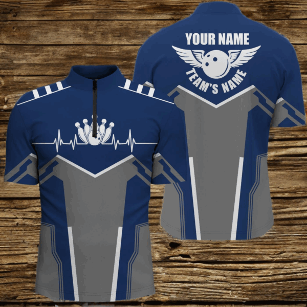 Bowling shirts for men custom name, team name Bowling Ball & Pins men Quarter Zip shirt | Navy Blue NQS4900