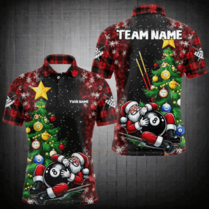Black And Red Funny Santa Christmas Men Billiard Shirts Custom Christmas Pine Tree Billiard Apparel TDM3129