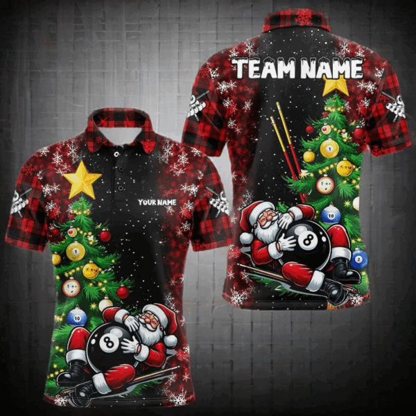 Black And Red Funny Santa Christmas Men Billiard Shirts Custom Christmas Pine Tree Billiard Apparel TDM3129
