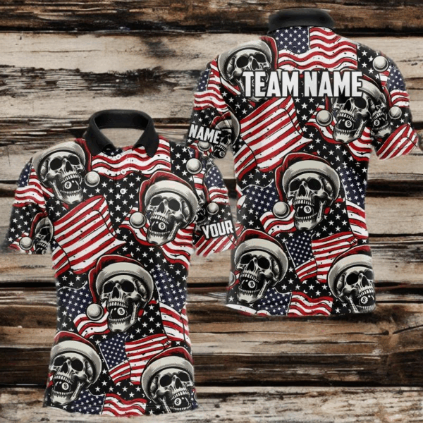 American Flag Santa Skull Custom Christmas Billiard Shirts For Men, Patriotic Xmas Billiard Jersey TDM3127