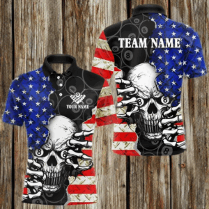 Personalized American Flag Menacing Skull Billiard Shirts For Men, Patriotic 8 Ball Billiard Jersey TDM3124