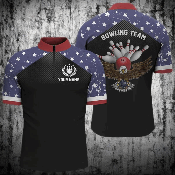 American flag patriot men's bowling Quarter Zip shirts custom team name bowling team shirts jersey NQS4866