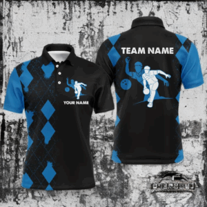 Personalized Bowling Shirt for Men, Custom Name Blue&Black Polo Bowler Team Shirt for Bowling Lover NBP161