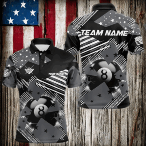 Grey And Black American Flag Custom 8 Ball Billiard Shirts For Men, Pride Patriotic Billiard Jersey TDM3107