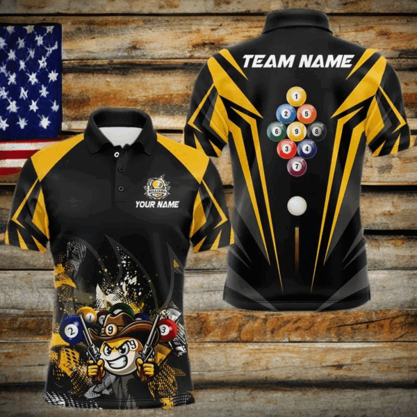 Funny 9 Ball Cowhand Billiard Shirts For Men Custom Yellow Black 9 Ball Pool Billiard Jerseys TDM3106