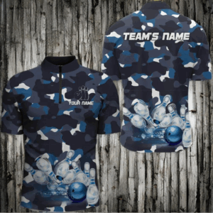 Blue Camo Bowling Men's Quarter-Zip Shirt, Custom Team Name Short Sleeve Men Bowling Jersey NBZ94