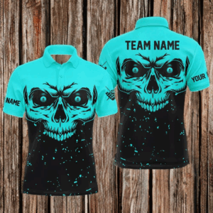 Custom Grunge Cyan Black Skull Billiard Men Jerseys Shirts, 8 Ball Billiards Apparel Clothing TDM3100