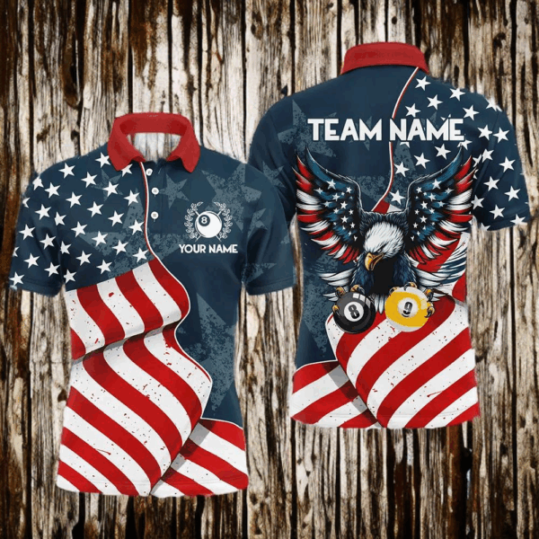 American Flag Eagle 8 Ball & 9 Ball Billiard Shirts For Men Custom Patriotic Cool Billiard Jerseys TDM3094